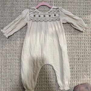 Zara Cream Smocked Floral-Accented One-Piece